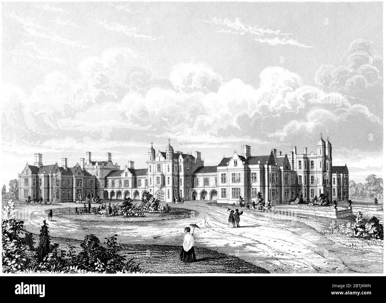 An engraving of The Infant Orphan Asylum Wanstead scanned at high resolution from a book printed in 1851.  Believed copyright free. Stock Photo