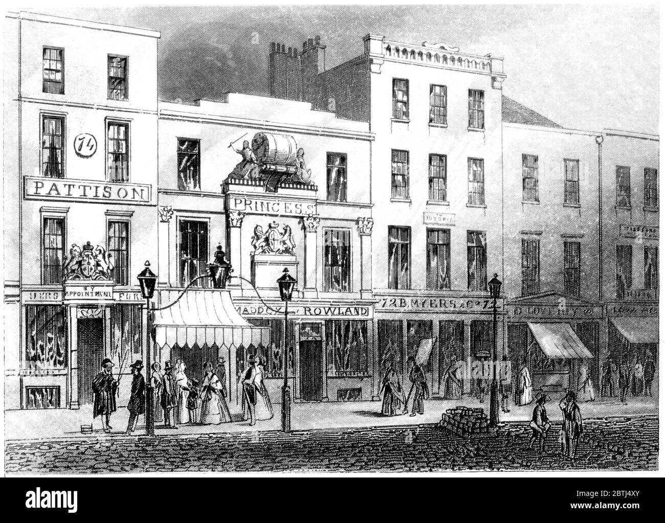 Engraving of The Princess Theatre London scanned at high resolution from a book printed in 1851. This image is believed to be free of all copyright. Stock Photo