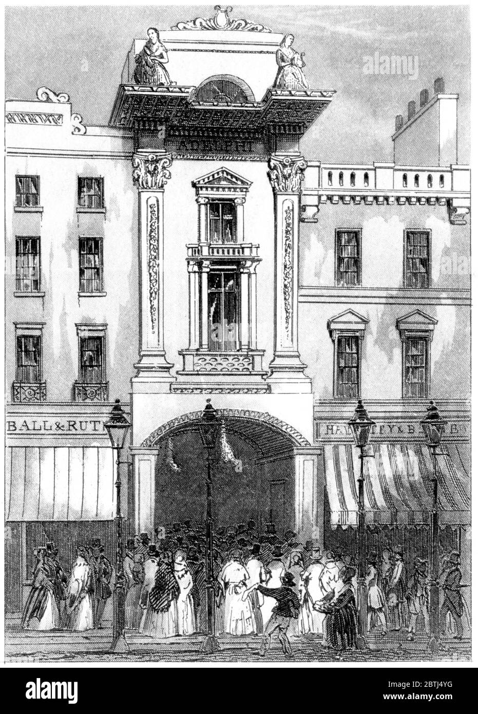 An engraving of The Adelphi Theatre London scanned at high resolution from a book printed in 1851. This image is believed to be free of all copyright. Stock Photo