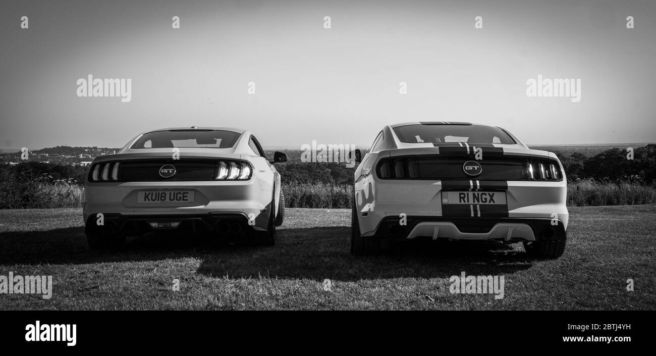 2 cool fast cars, 2 European right hand drive Ford Mustang 5 litre V8 GT Fastback Auto cars Stock Photo