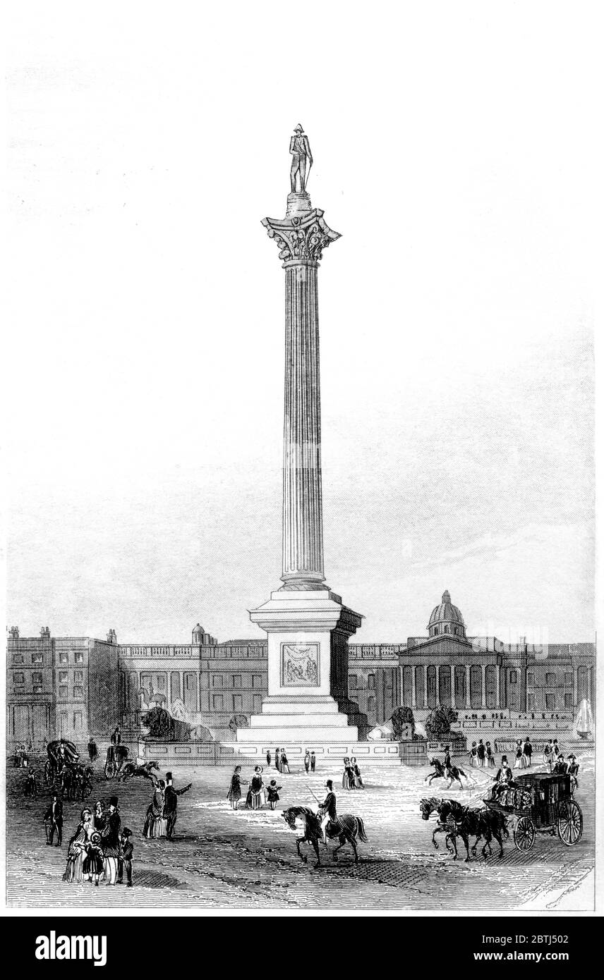An engraving of Nelson Column Trafalgar Square London scanned at high resolution from a book printed in 1851. Believed copyright free. Stock Photo