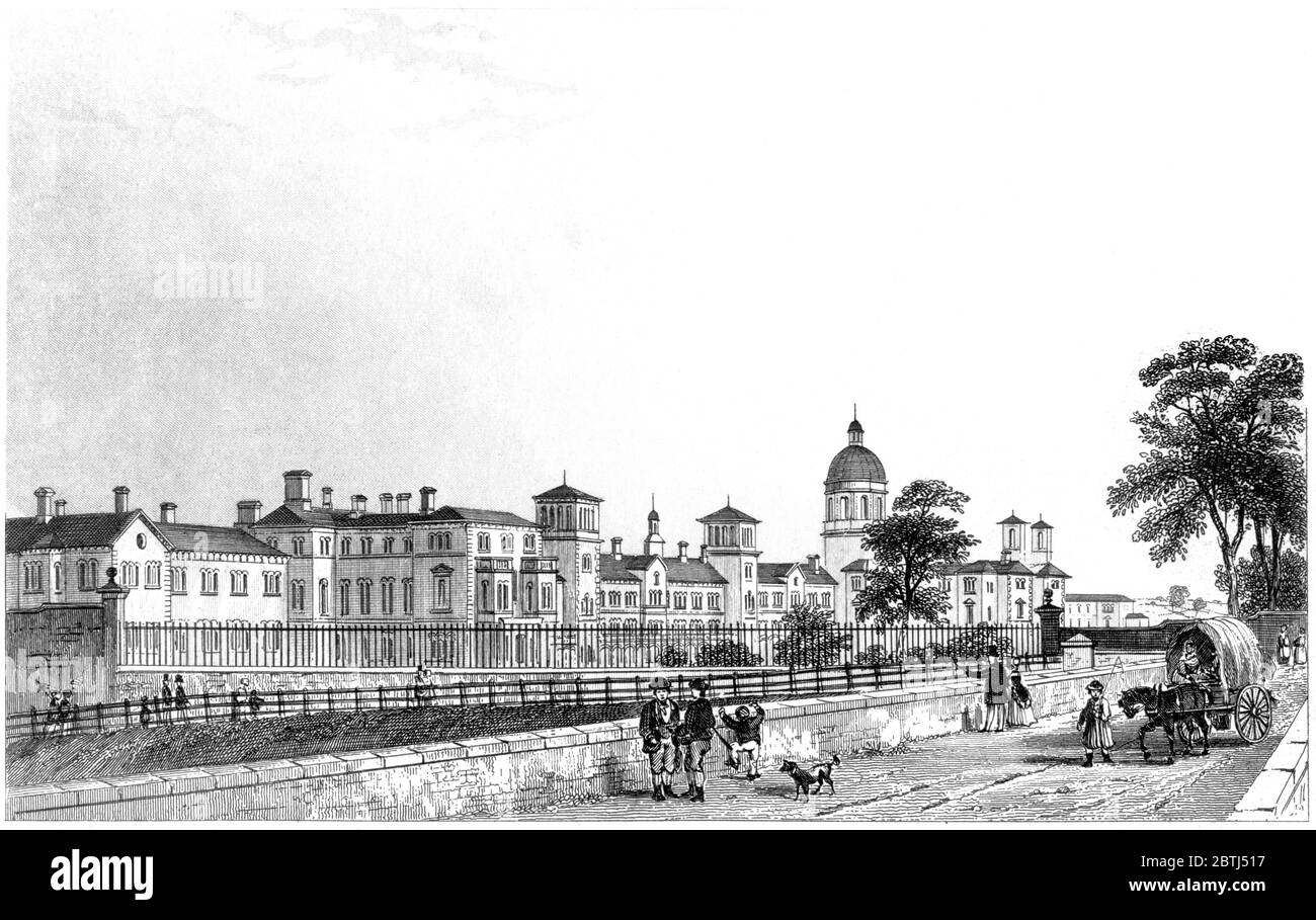 An engraving of Colney Hatch Lunatic Asylum from the Railway Bridge scanned at high resolution from a book printed in 1851.  Believed copyright free. Stock Photo