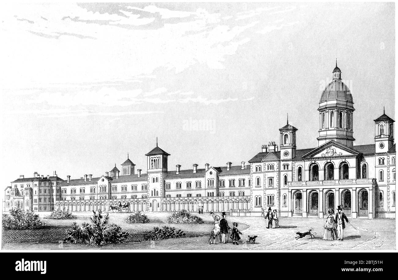 Engraving of Colney Hatch Lunatic Asylum scanned at high resolution from a book printed in 1851. This image is believed to be free of all copyright. Stock Photo