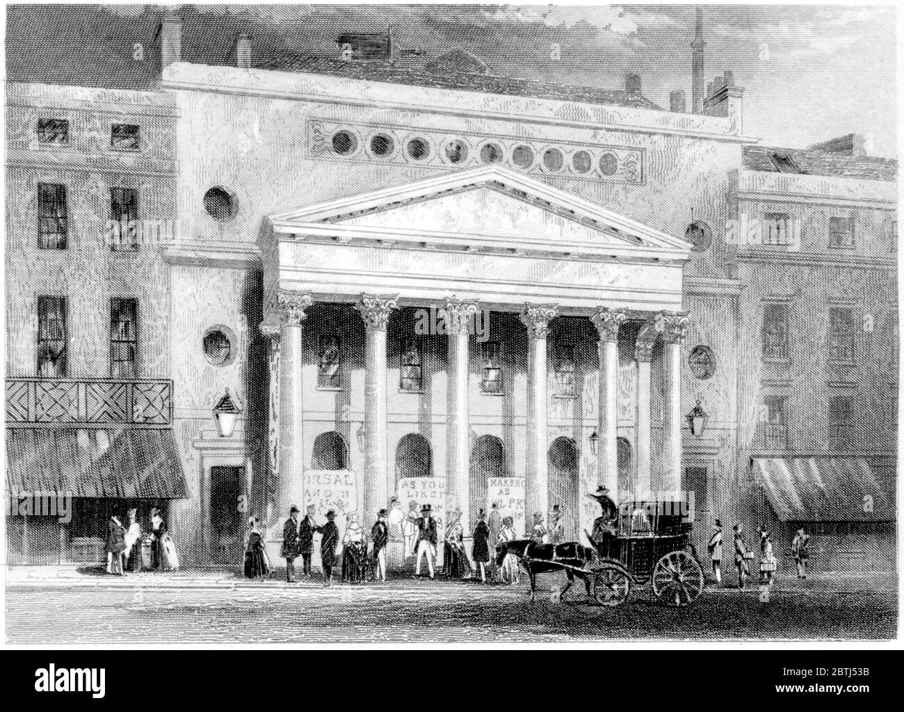 Engraving of The Haymarket Theatre London scanned at high resolution from a book printed in 1851. This image is believed to be free of all copyright. Stock Photo