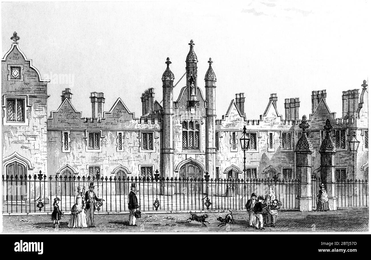 An engraving of Lady Owens Alms Houses St John Street Road scanned at high resolution from a book printed in 1851. Believed copyright free. Stock Photo