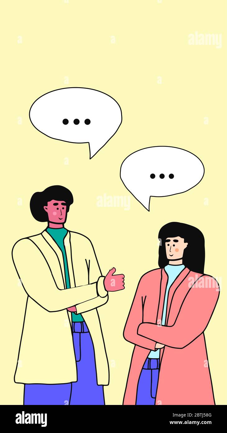 Happy young couple man and woman talking. Vector illustration in a cartoon style. Dialog speech bubbles for text. Character people. Stock Vector