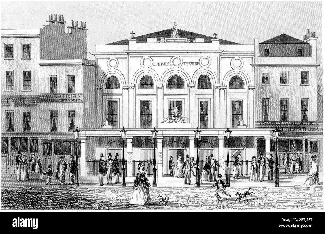 An engraving of The Surrey Theatre London scanned at high resolution from a book printed in 1851. This image is believed to be free of all copyright. Stock Photo