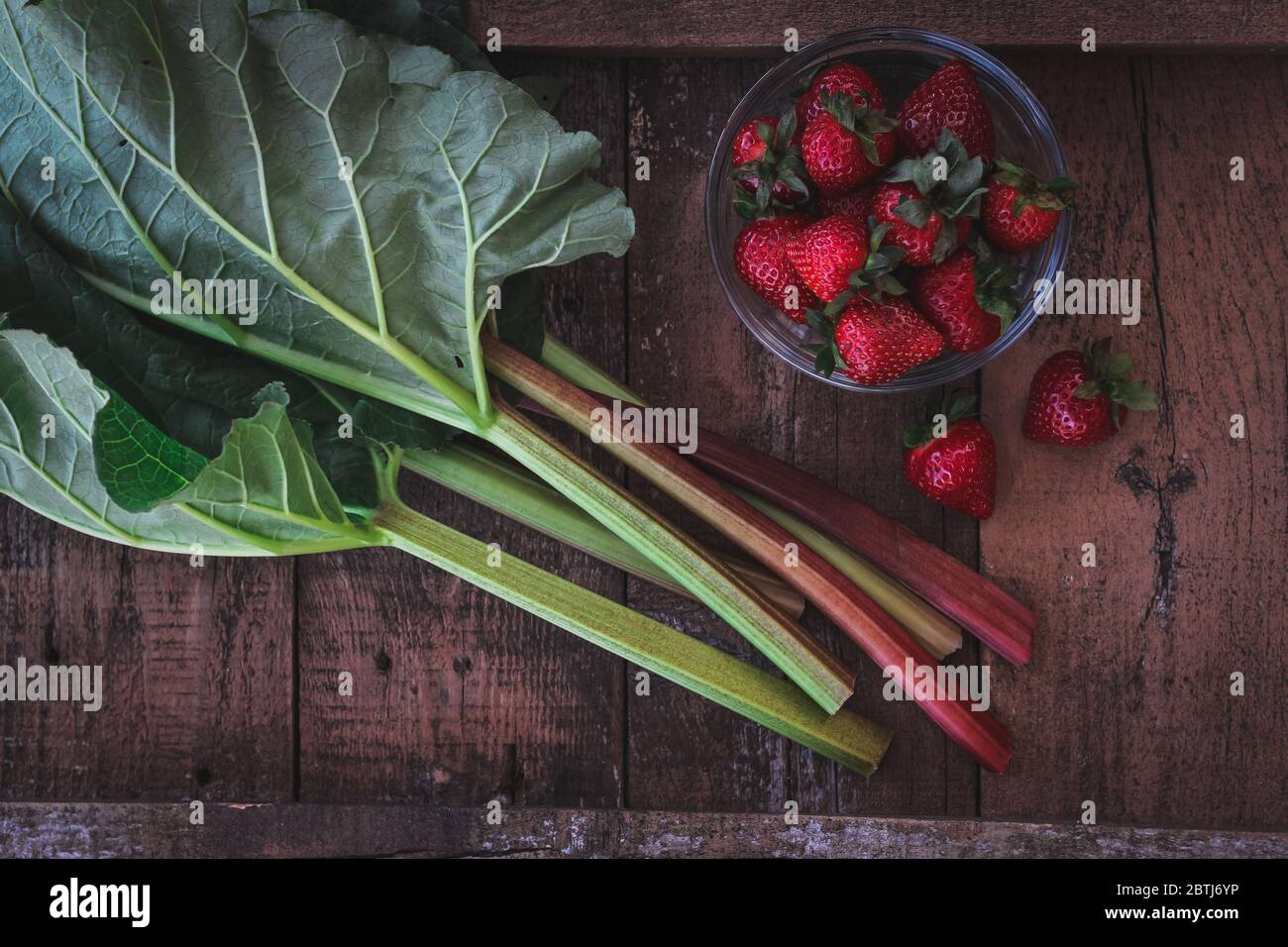 Rhubarb stems and strawberries on a dark garden table Stock Photo