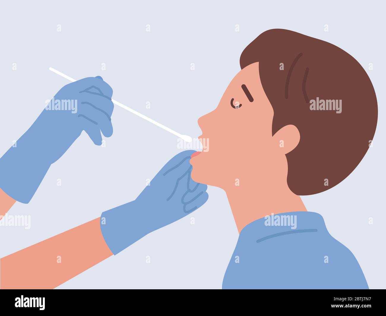 Doctor doing Covid-19 test or DNA test with Man by nasal swab probe with inserting a long cotton swab into the mouth and Tongue. Stock Vector