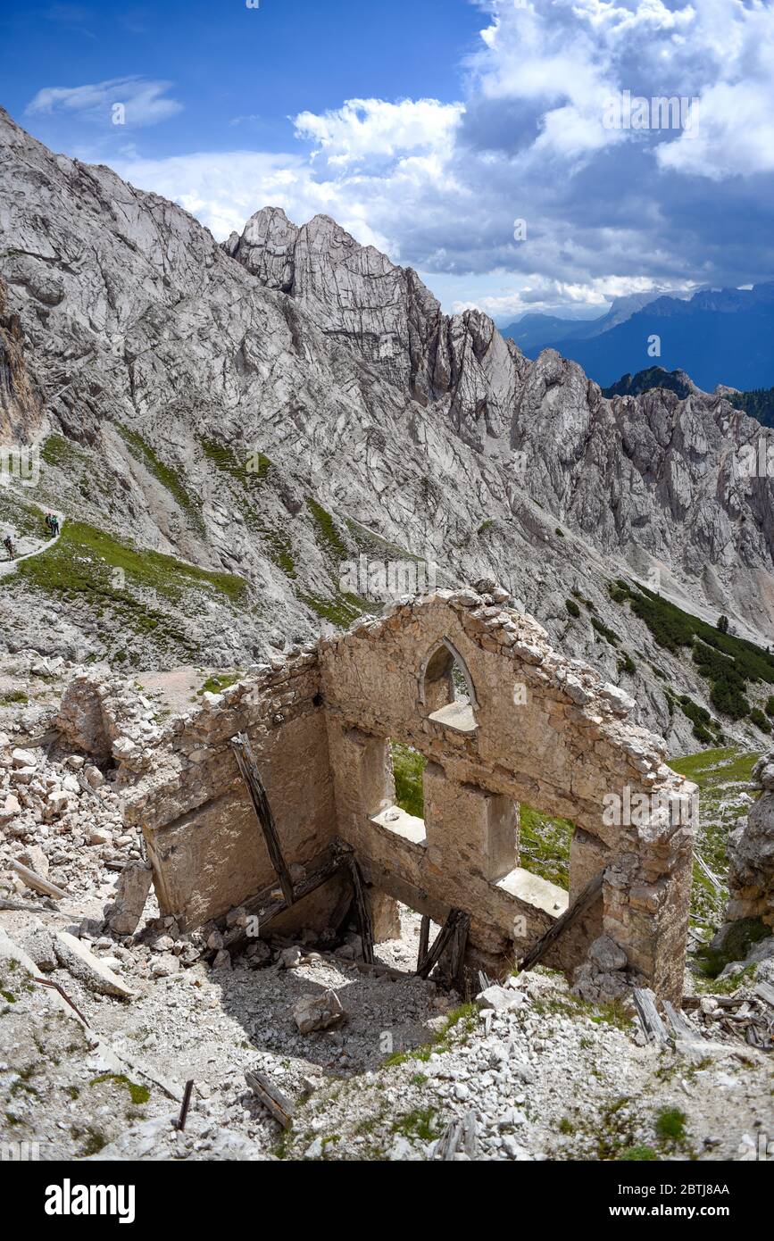 Old, abandoned ruins of Italian fortifications from the Second World War in the Italian Dolomites. Stock Photo