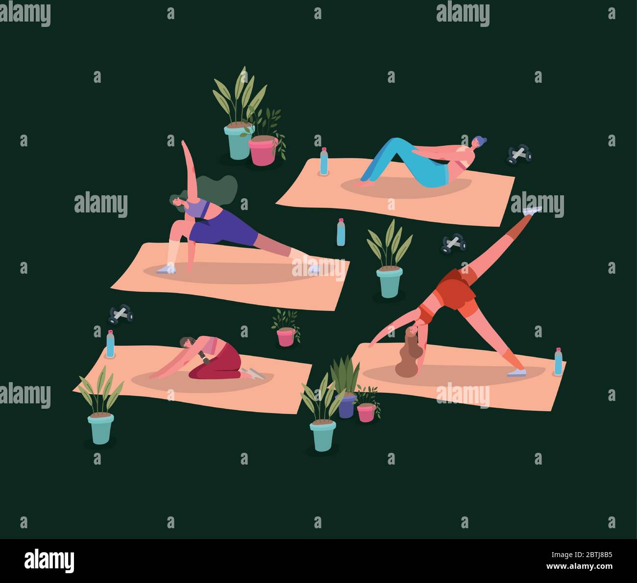Women doing yoga on mats with plants inside pots vector design Stock Vector Image & Art Alamy