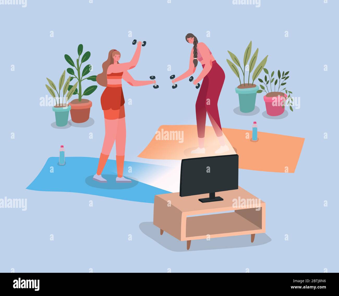 Women doing sport on mat in front of computer at home vector design