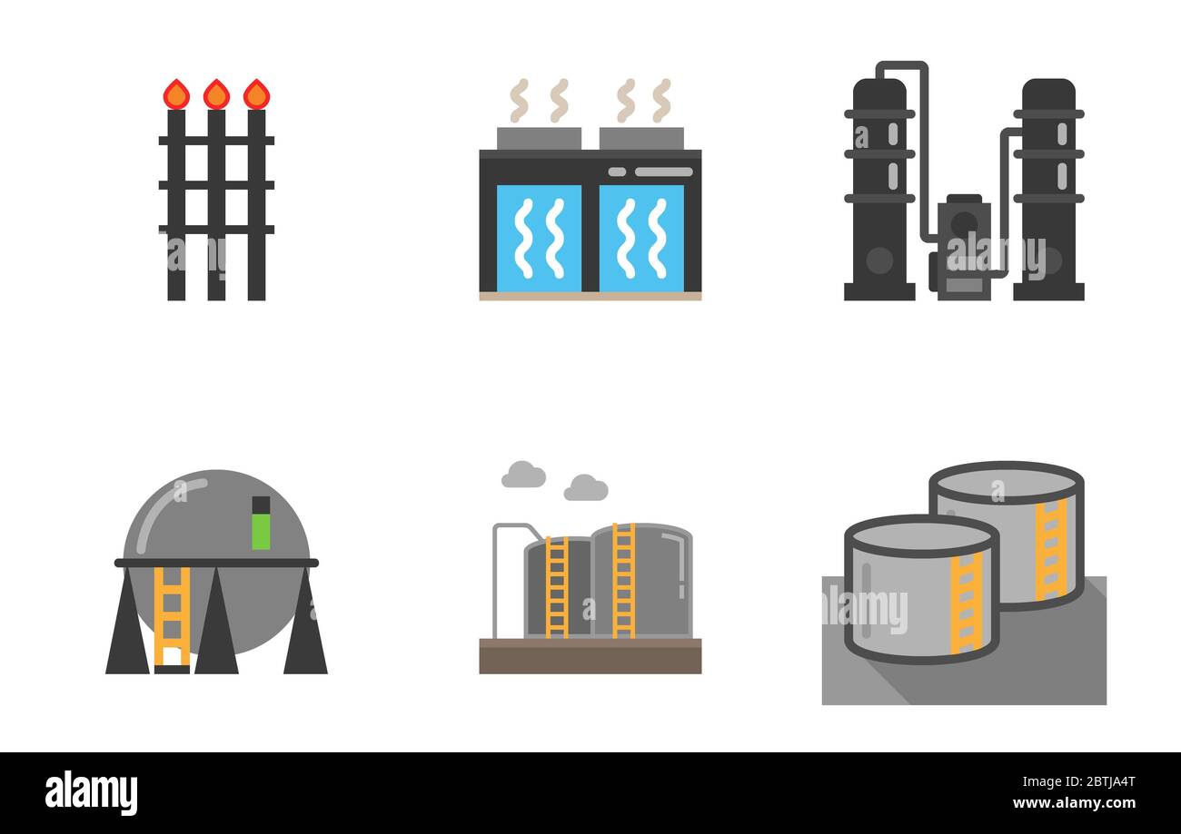Icon set of industry equipment infrastructure, flare, LPG tank farm,sphere tank,distillation column, oil and gas industry. Stock Photo