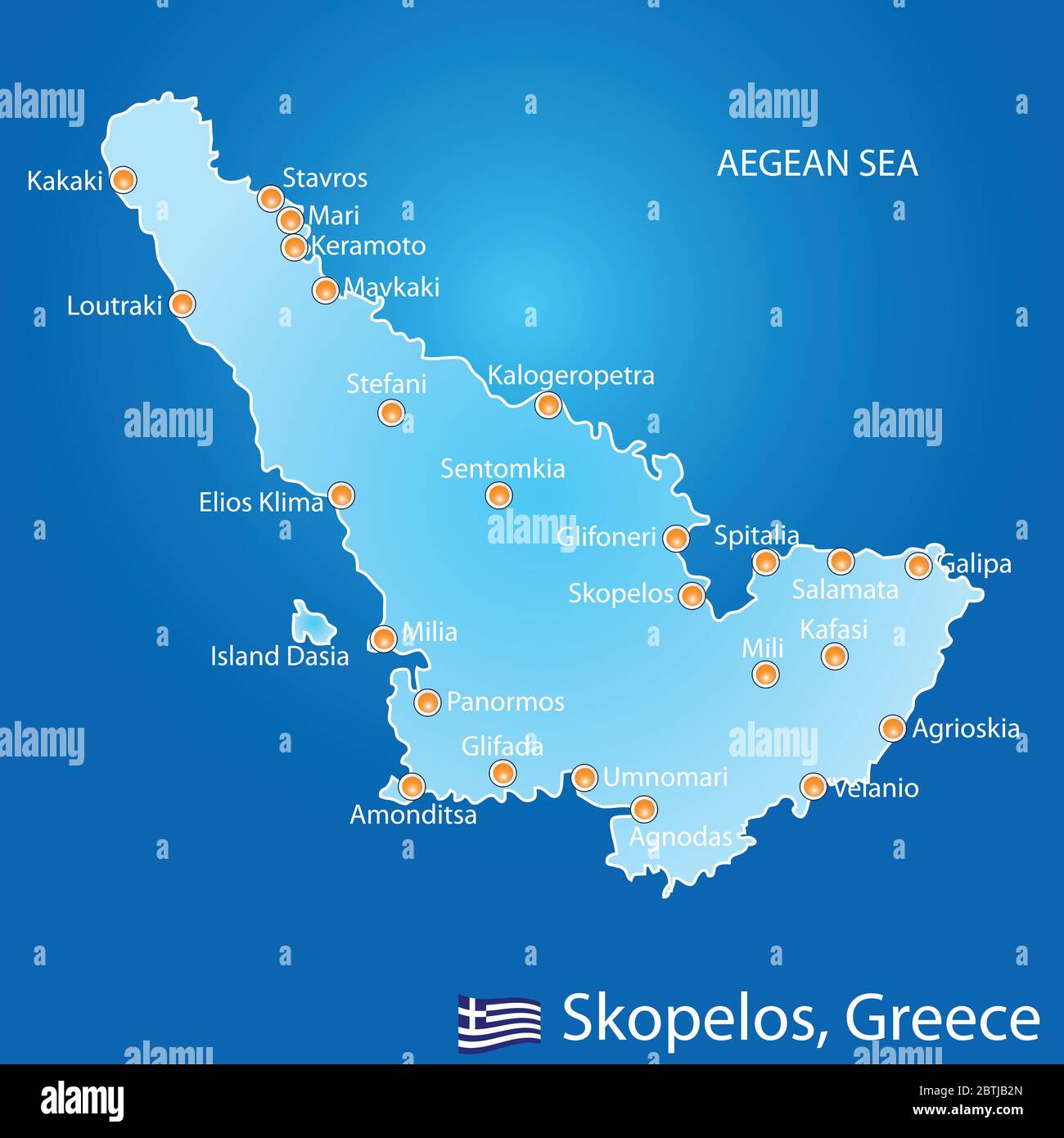 Island of Skopelos in Greece map on blue background Stock Vector