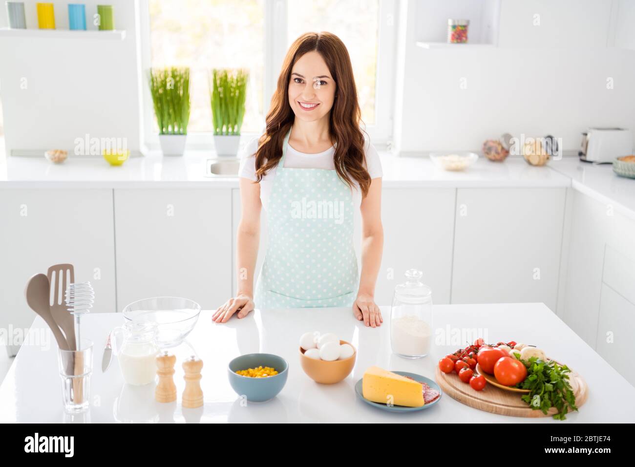 https://c8.alamy.com/comp/2BTJE74/photo-of-beautiful-housewife-chef-enjoy-morning-cooking-tasty-dinner-family-recording-video-for-blog-quarantine-stay-home-wear-apron-stand-modern-2BTJE74.jpg