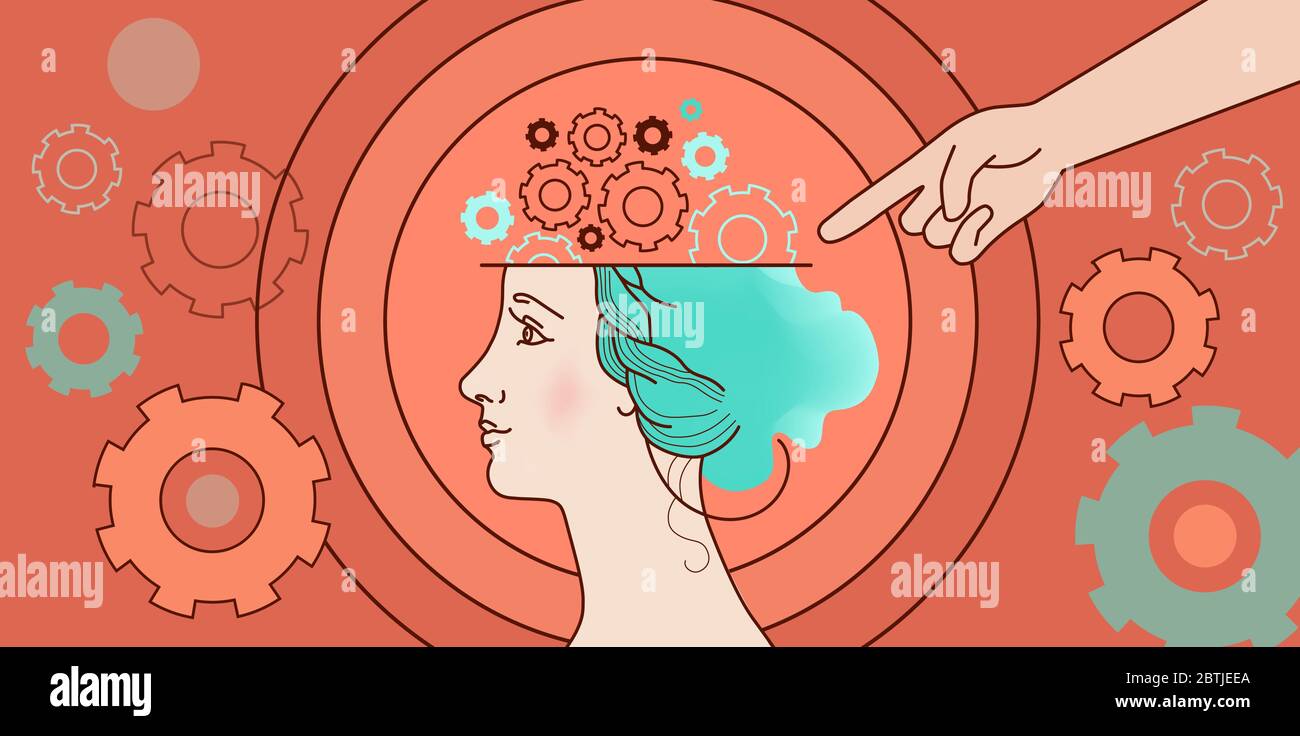 Psychological concept of human thinking, brain mechanics, woman complexes, problems. Illustration face in profile, head, gears, springs on a orange ba Stock Vector