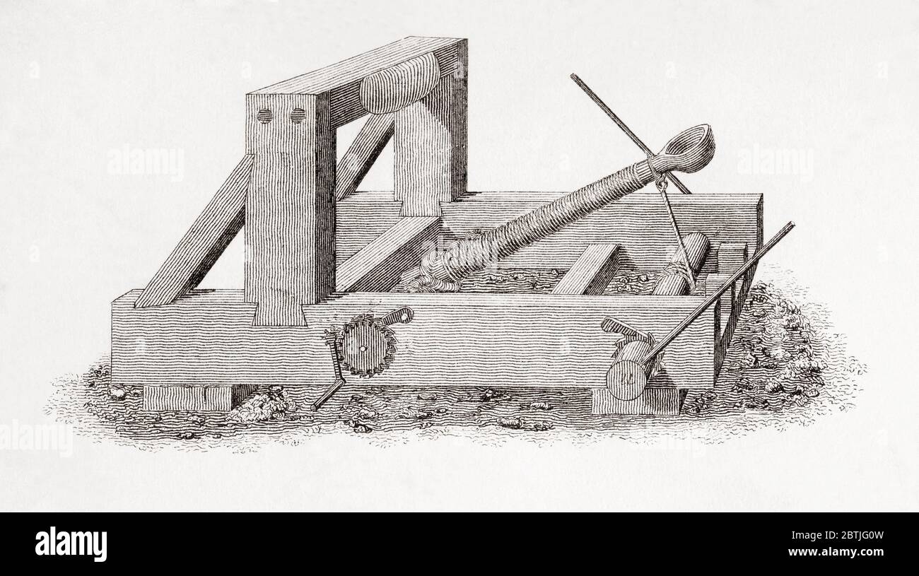 A mangonel, also called the traction trebuchet. Stock Photo