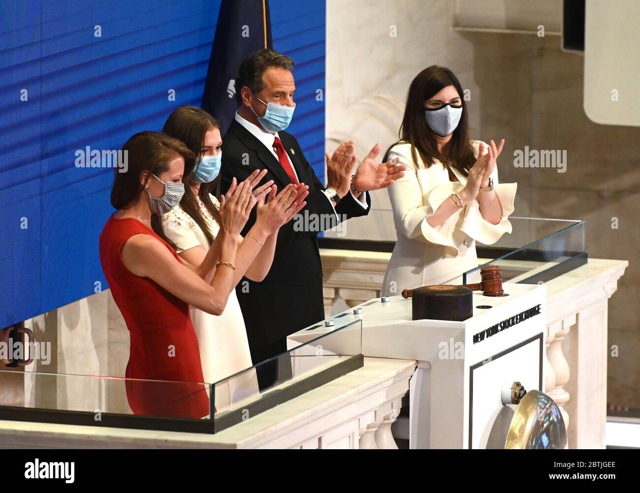 New York, United States. 26th May, 2020. Governor Andrew M. Cuomo rings the opening bell at the New York Stock Exchange with NYSE President Stacey Cunningham when the NYSE reopens after after being closed for 2 months on Wall Street in New York City on Tuesday, May 26, 2020. The floor of the NYSE had been closed to traders since March 23, 2020 due to the Coronavirus Pandemic. Photo by Kevin P. Coughlin/Office of Governor Andrew M. Cuomo Credit: UPI/Alamy Live News Stock Photo