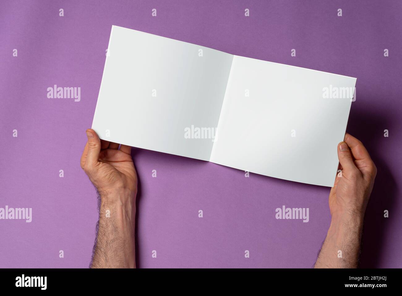 Male hands holding an opened catalog with blank pages on purple