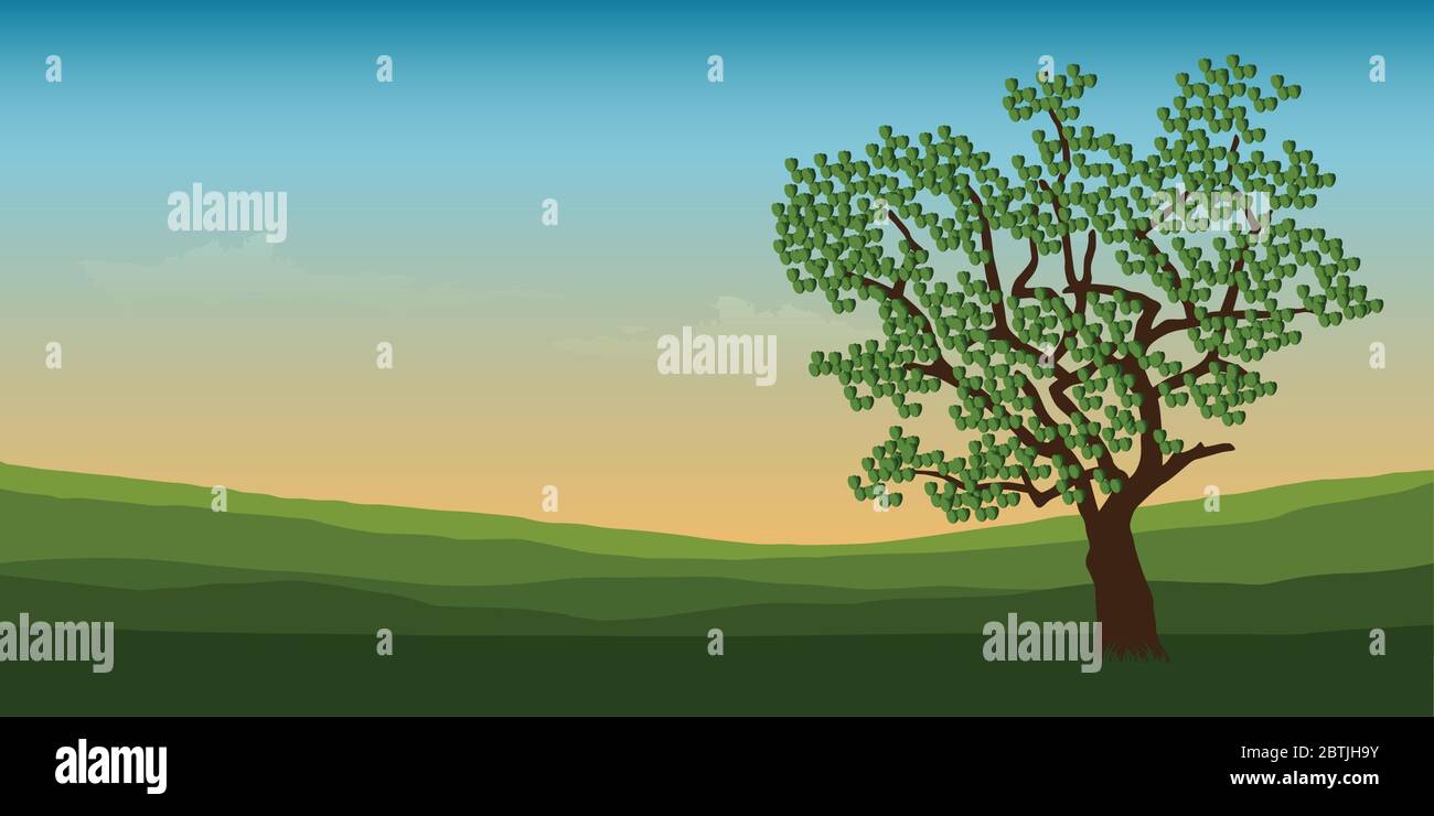 big tree in summer green mountain landscape vector illustration EPS10 Stock Vector