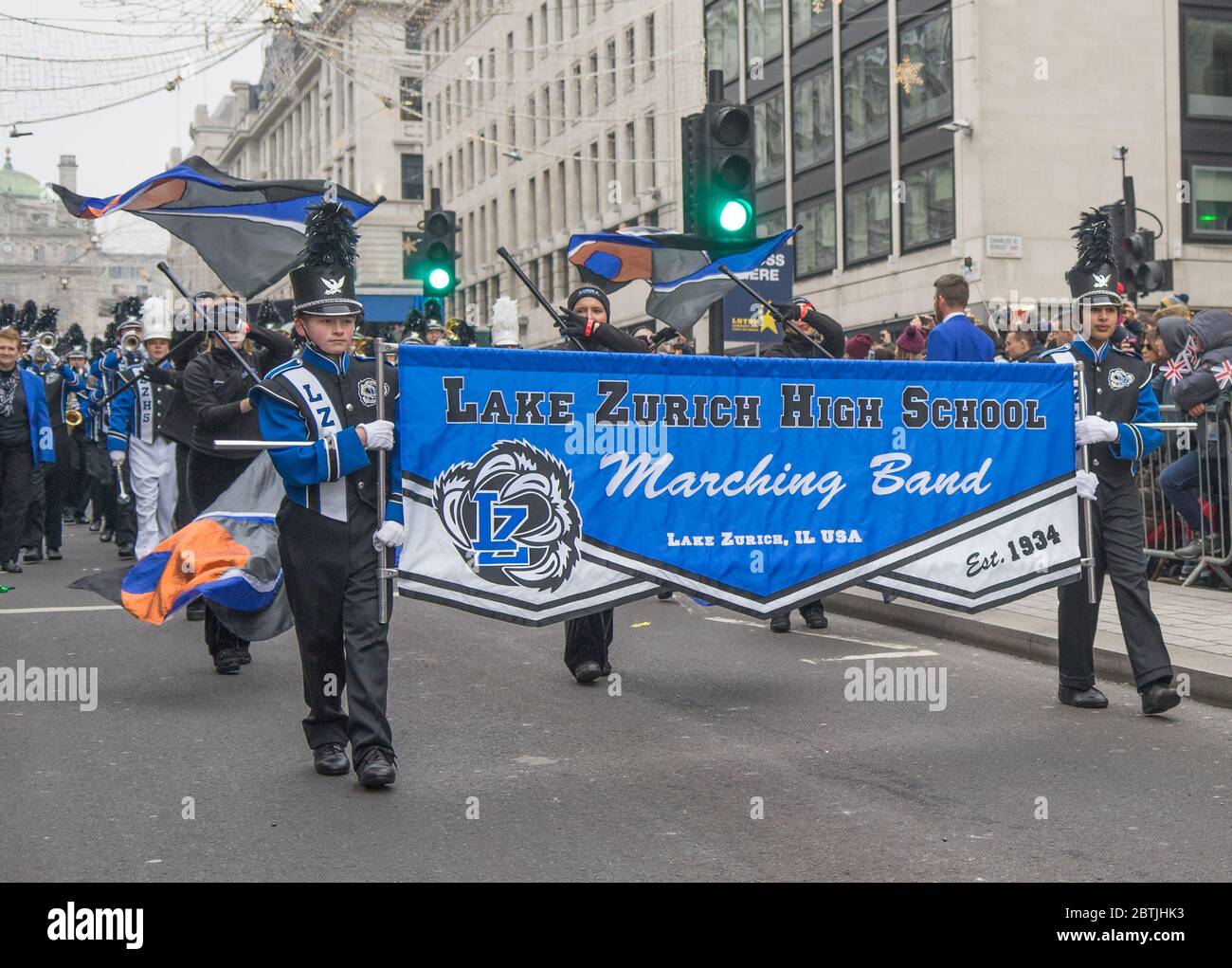London New Year's Day Parade 2020, Lake Zurich High School Marching Band. Stock Photo