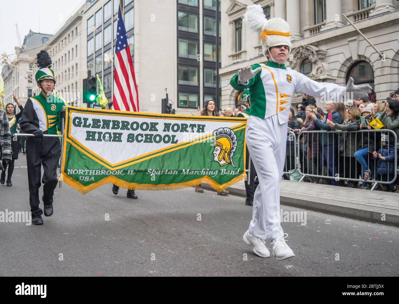 London New Year's Day Parade 2020, Marching band banner holders. Stock Photo