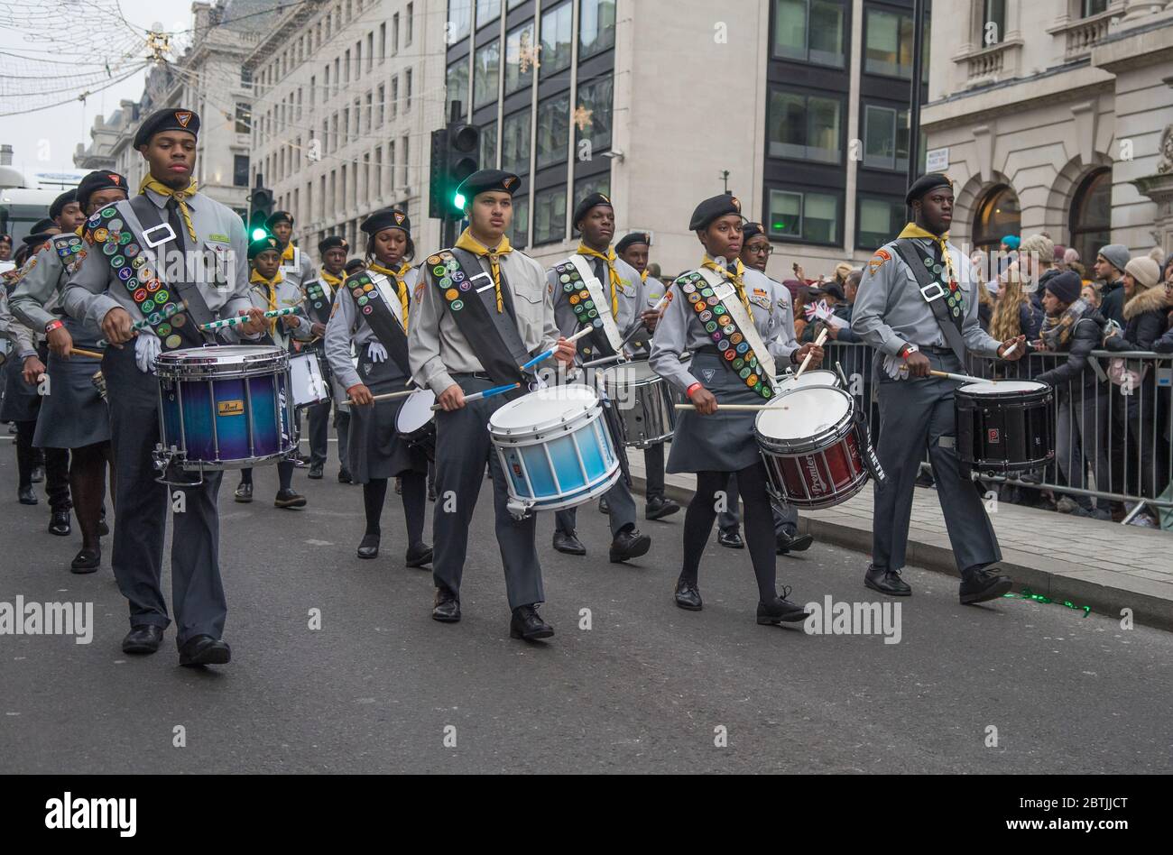 London New Year's Day Parade 2020, High School Marching Band of Drummers. Stock Photo