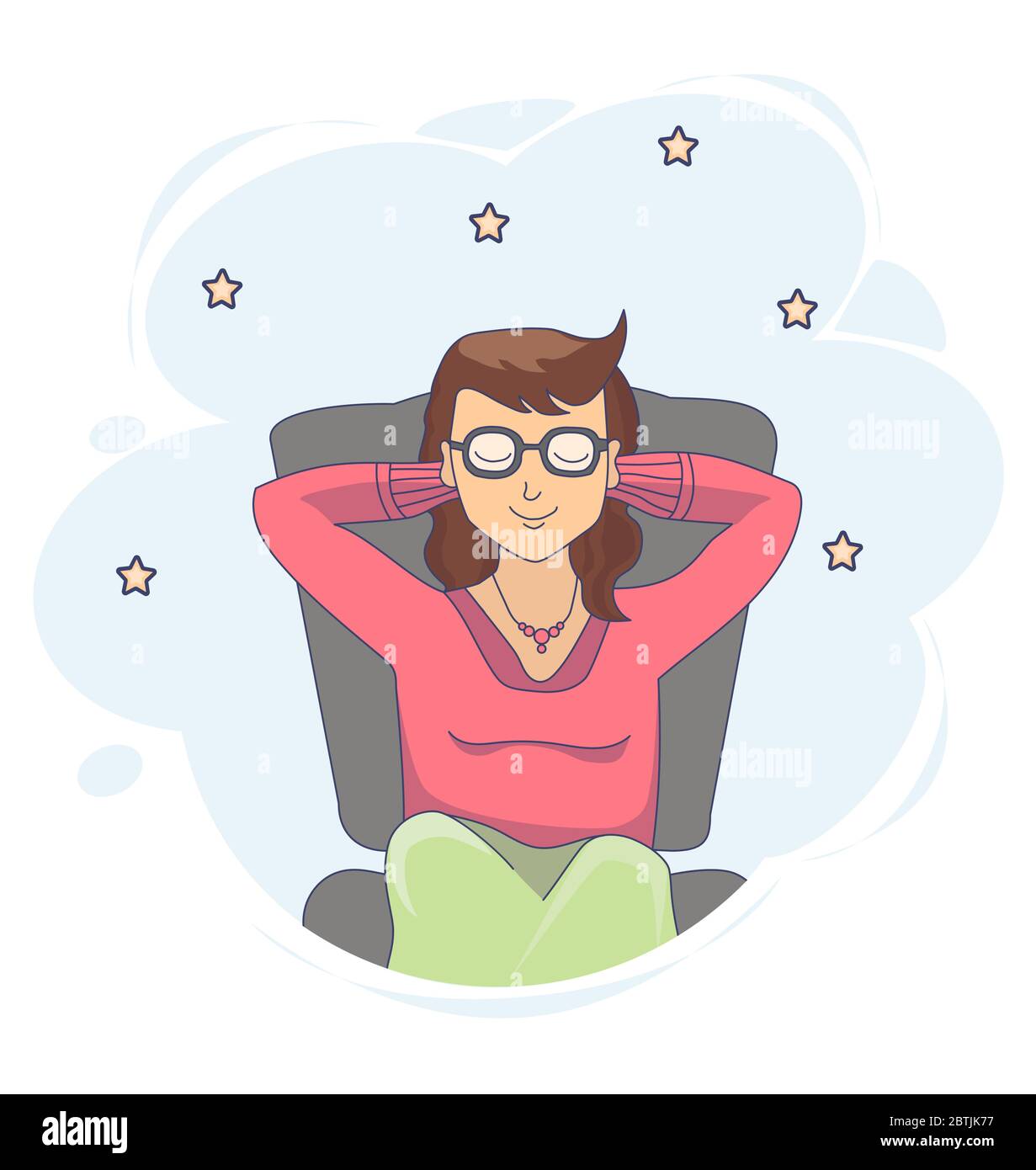 Vector drawing of a sitting and dreaming girl with closed eyes on a background with stars. Stock Vector