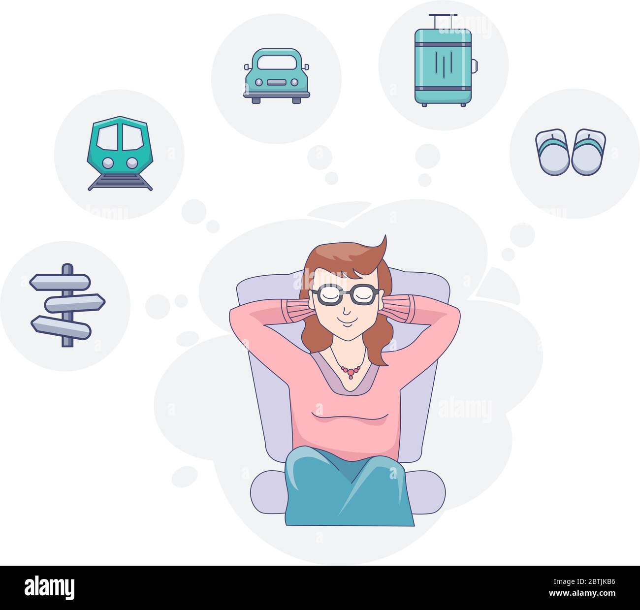 A girl sits with her eyes closed resting and dreaming of a journey on a light background. Above it are drawings for travel and relaxation. Vector Stock Vector