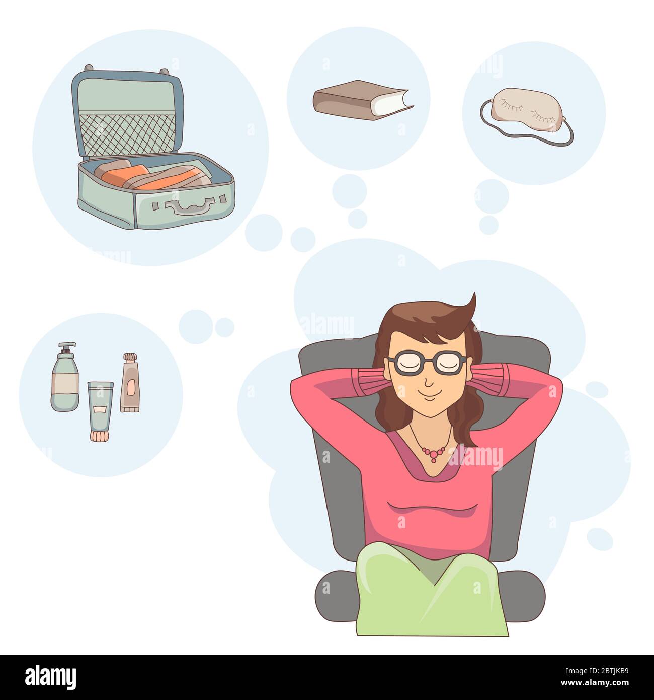 A girl sitting with her eyes closed is dreaming about traveling on a light background. Above her are drawings of baggage for traveling. Vector drawing Stock Vector