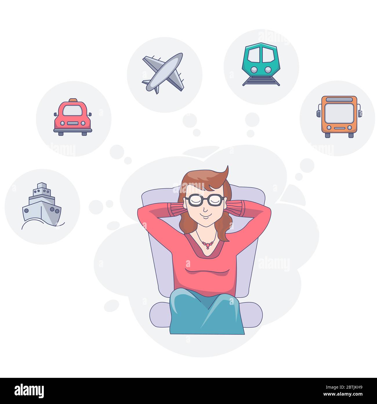 A girl sits with her eyes closed resting and dreaming of a journey on a light background. Above it are clouds with drawings of transport. Vector Stock Vector