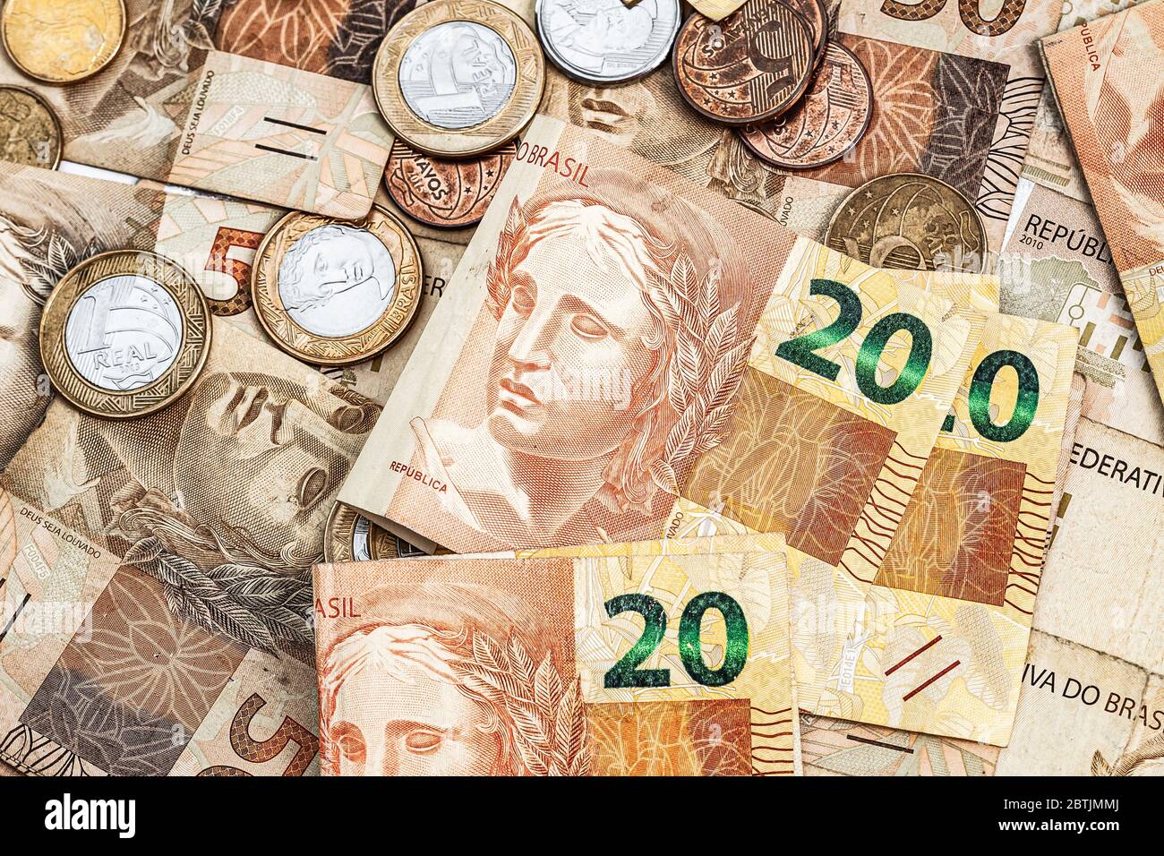 Real currency, money from brazil. Brazilian banknotes and coins