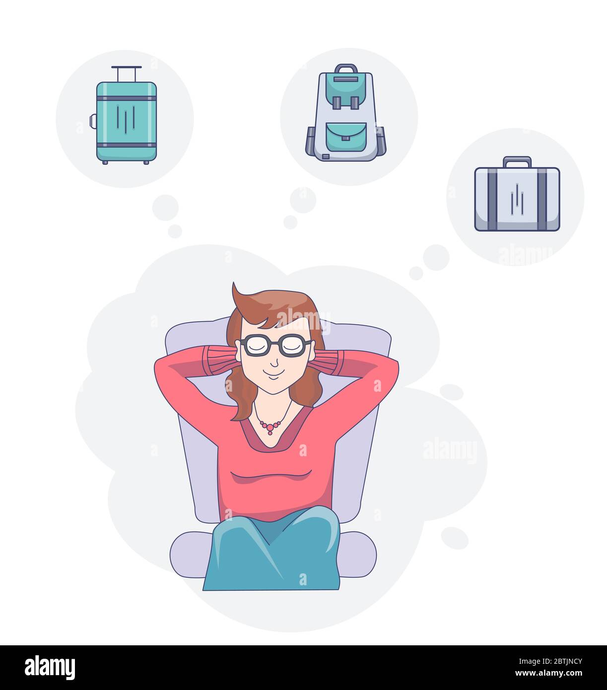 A girl sits with her eyes closed resting and dreaming of a journey on a light background. Above it are drawings of travel and baggage selection Stock Vector