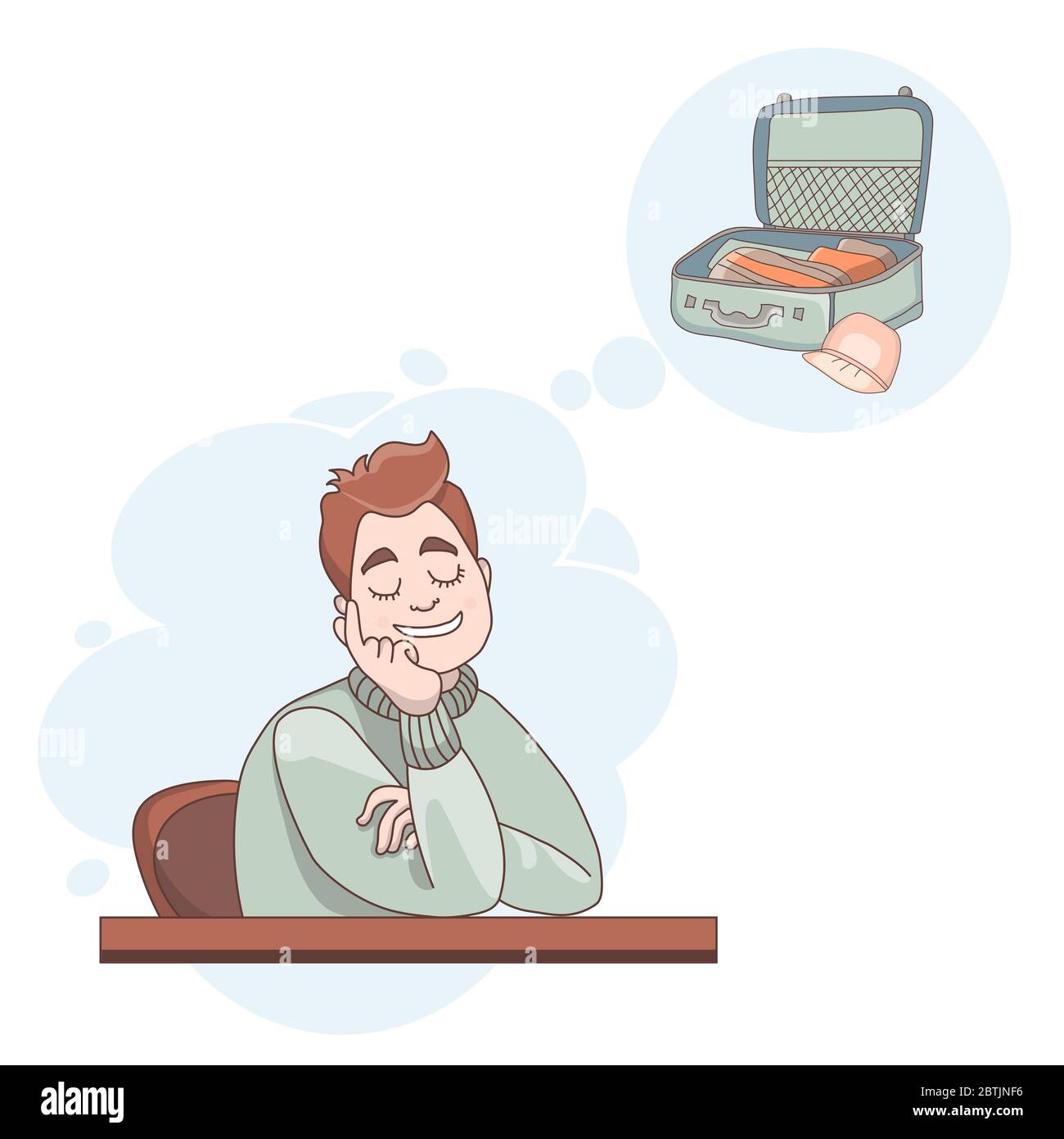 Vector illustration. The man sitting at the table closed his eyes and dreams. Above it is a picture of luggage and collecting things for travel. Stock Vector