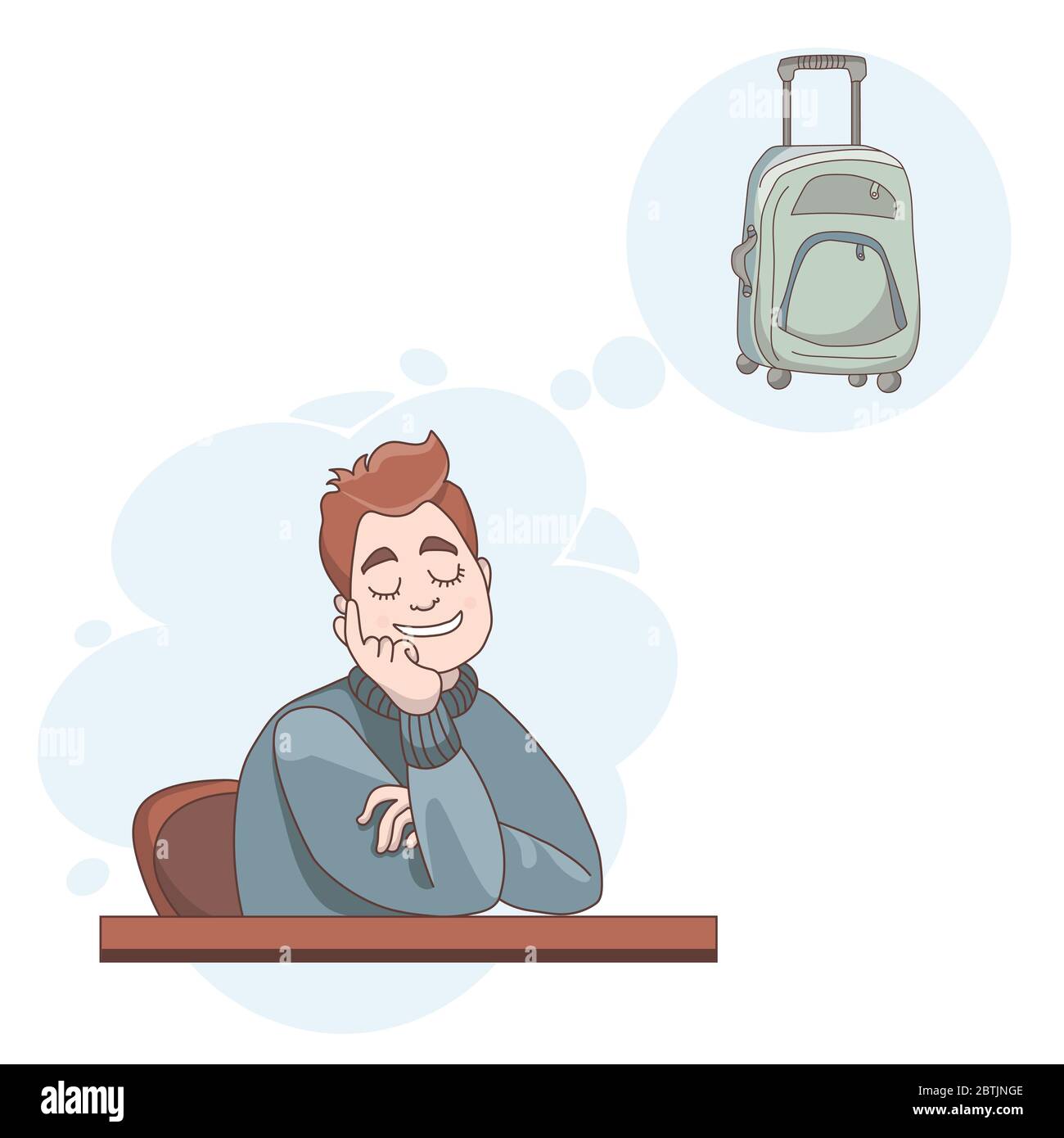 Vector illustration. The man sitting at the table closed his eyes and dreams. Above it is a drawing of a suitcase on wheels for traveling. Stock Vector