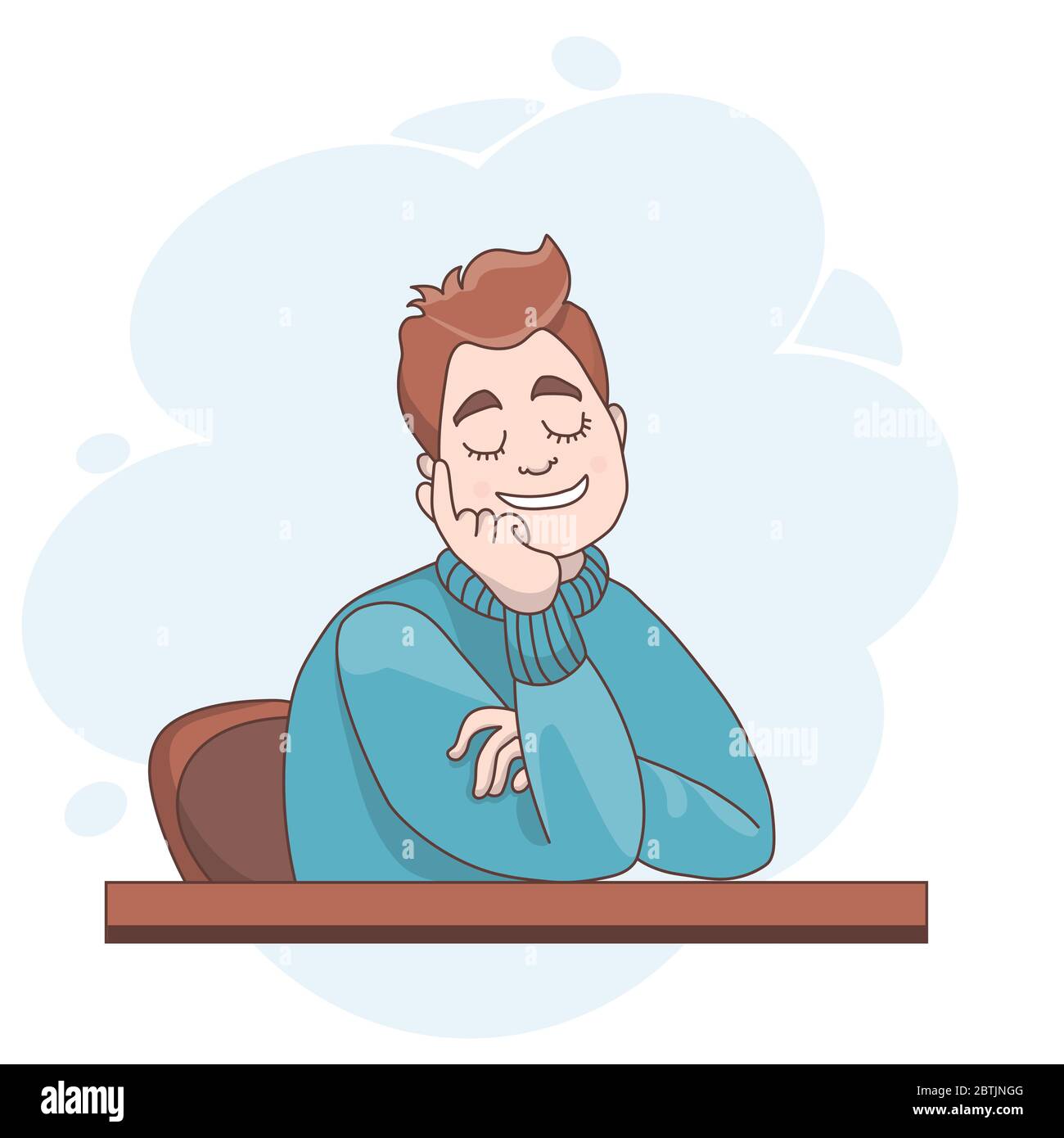 Vector illustration. A man sitting at a table is resting, closed his eyes and dreams Stock Vector