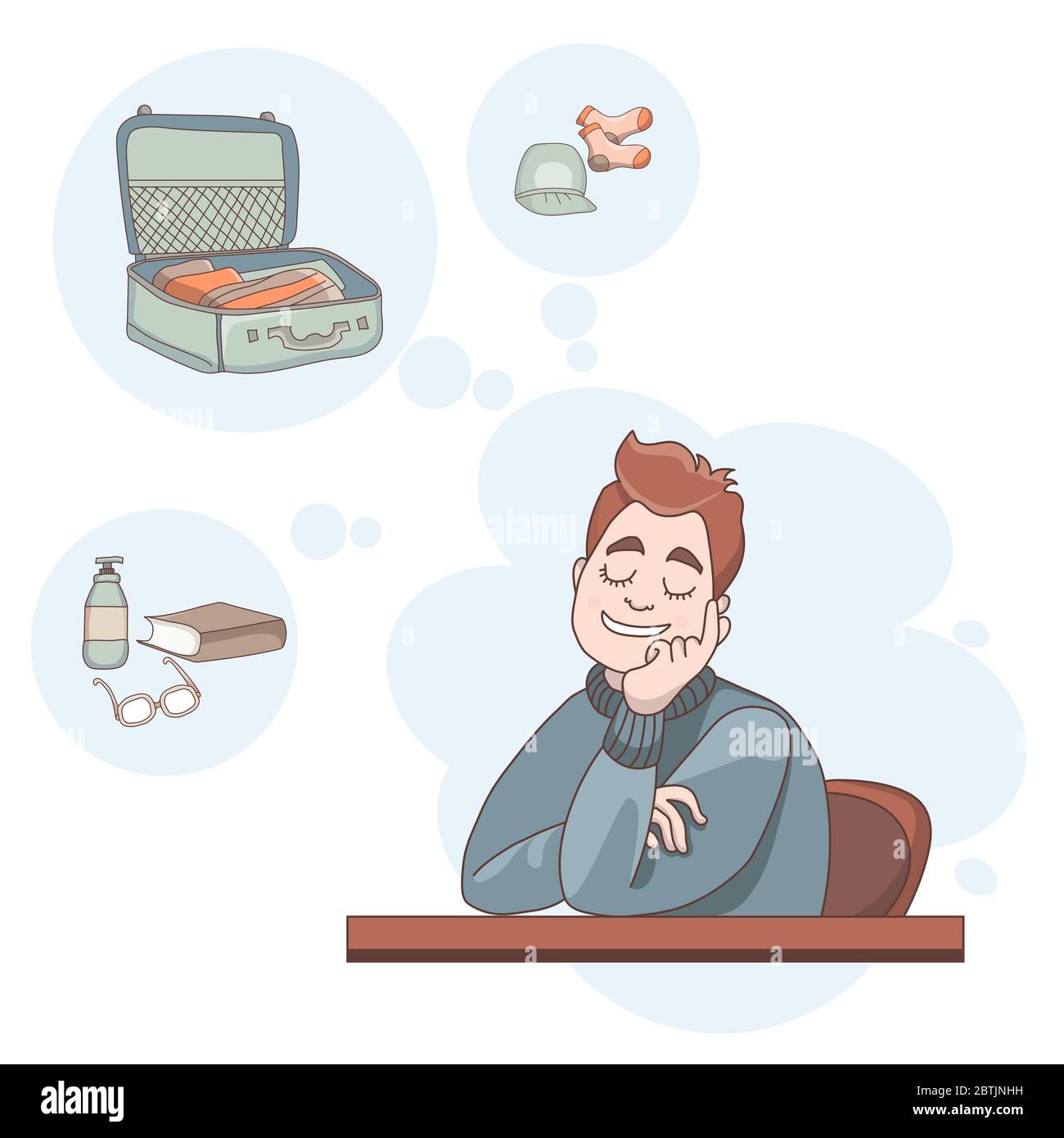 A man sits with his eyes closed, dreams of traveling on a light background. Above it are drawings of collecting luggage for travel. Vector drawing Stock Vector