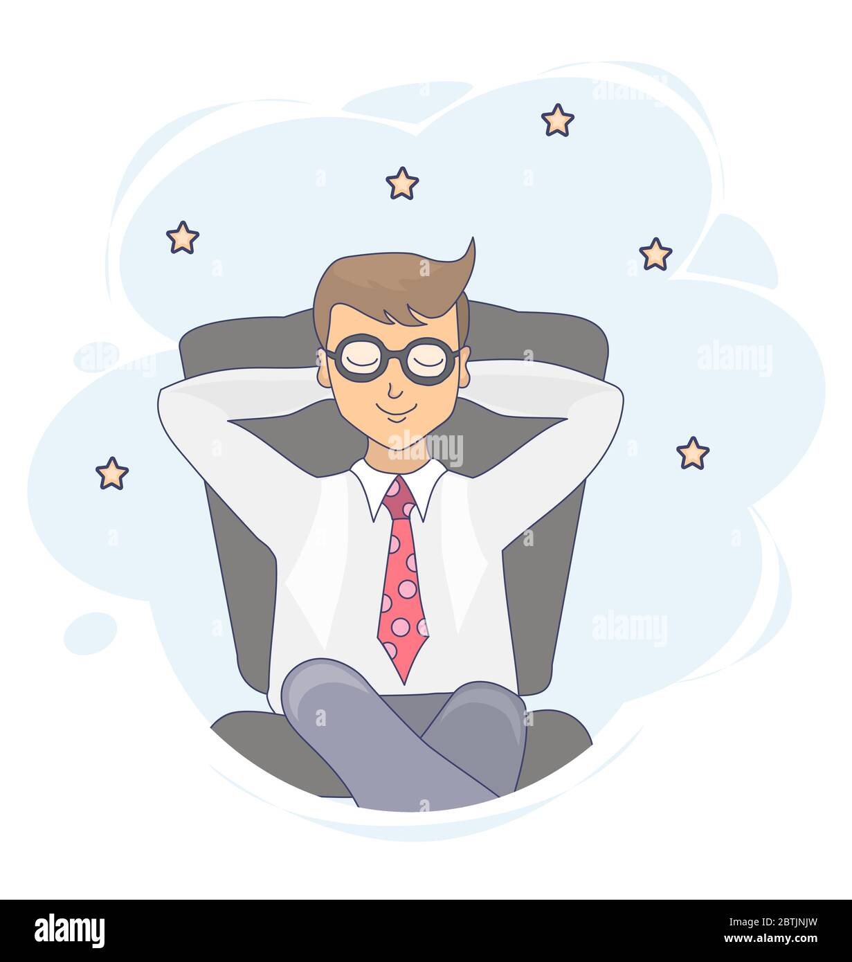 Vector drawing of a sitting and dreaming man with his eyes closed on a background with stars. Stock Vector