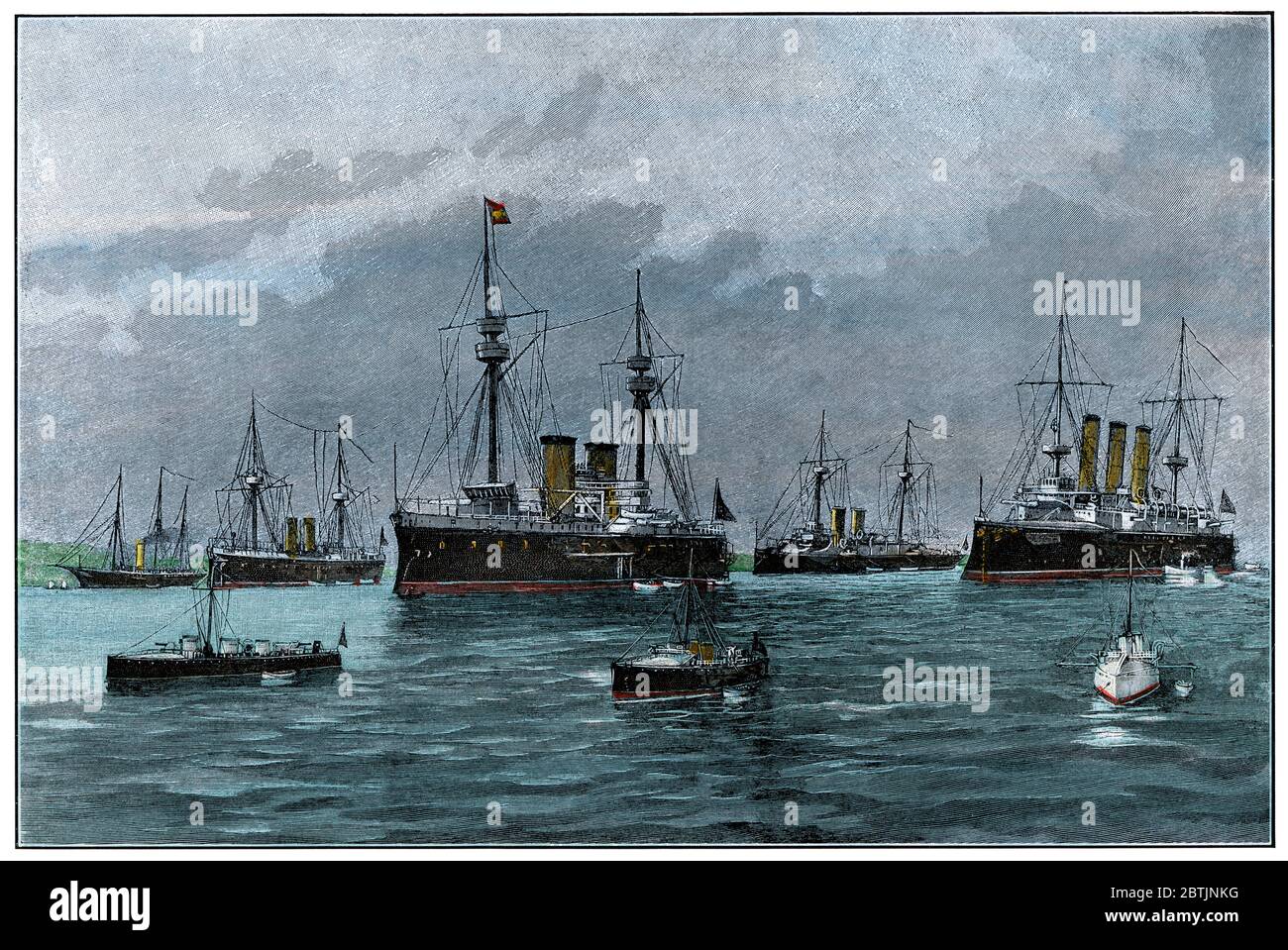 Spanish fleet in Cuba, ready to sail against the US, 1898. Hand-colored woodcut Stock Photo