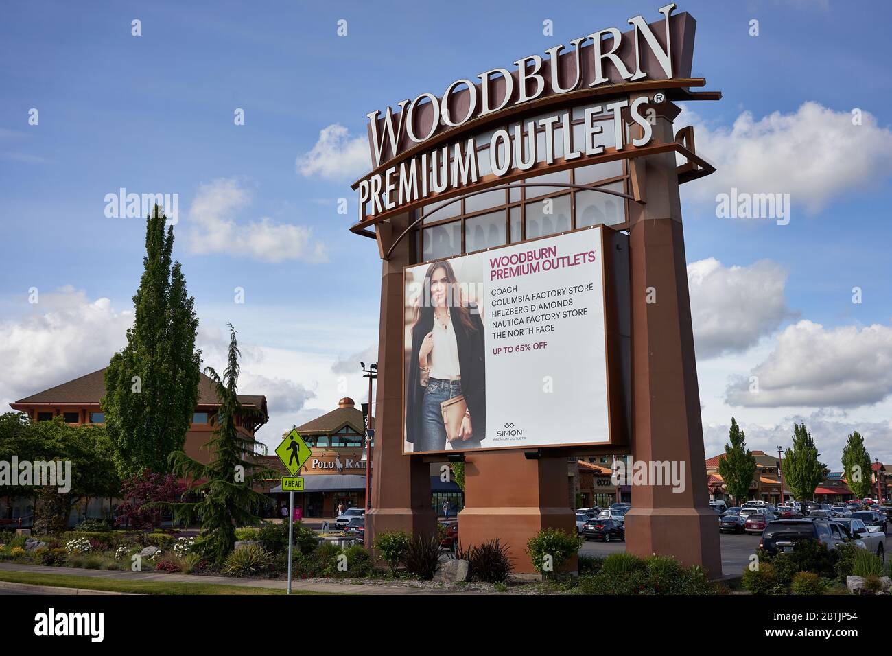 Woodburn Premium Outlets, an outlet mall in Woodburn, Oregon, reopened on Memorial Day weekend after closing for over 2 months amid COVID-19 pandemic. Stock Photo
