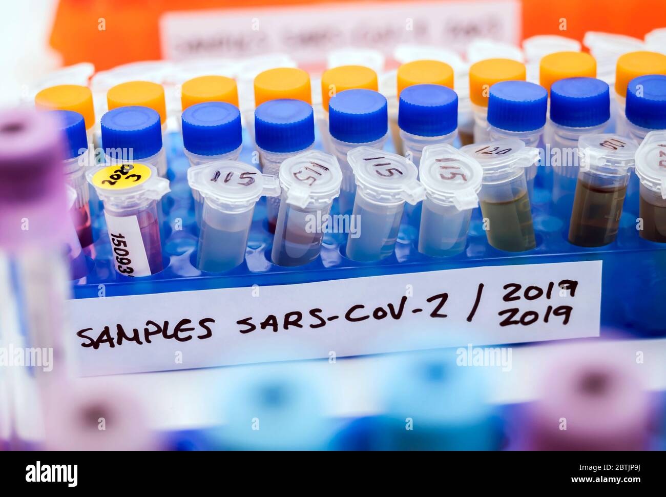 Vials with samples of SARS-COV-2 Covid-19 in a research laboratory, conceptual image Stock Photo