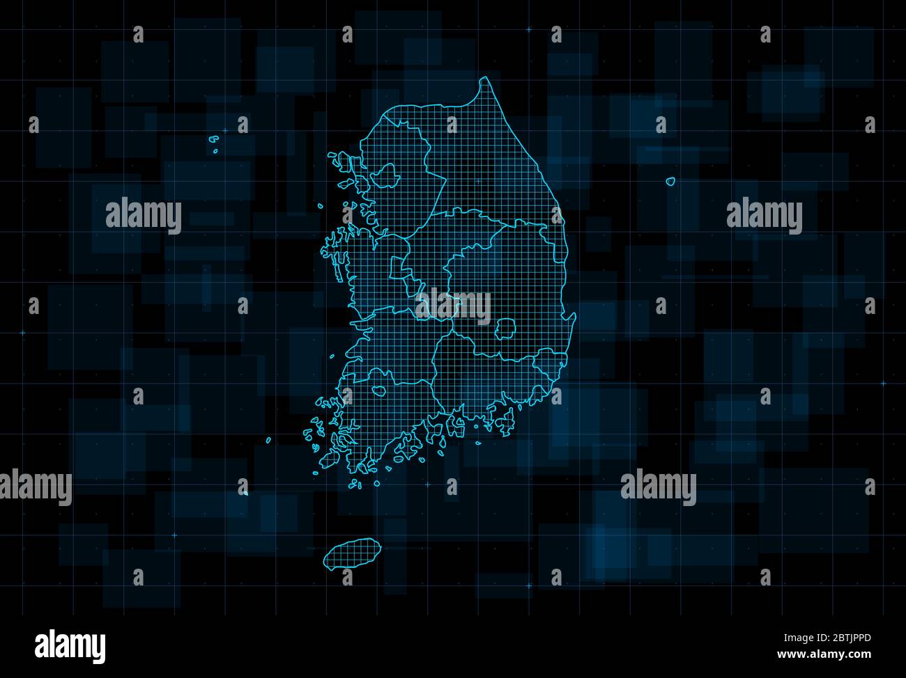 HUD map of the South Korea with provinces. Cyberpunk Futuristic digital dark blue background. Editable stroke. Vector Stock Vector