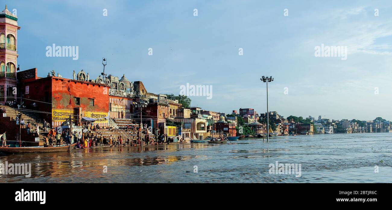 India, Varanasi - Uttar Pradesh state, 31st July 2013. Panoramic waterfront view of Varanasi at dawn. Stock Photo