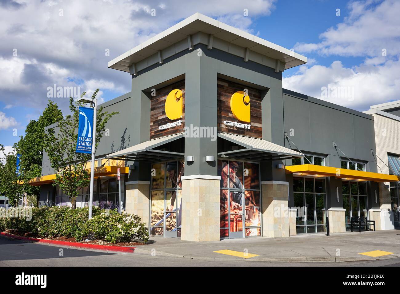 Temporarily closed Carhartt retail store in the Cascade Station Shopping Center in Portland, Oregon, on May 6, 2020, during the coronavirus pandemic. Stock Photo