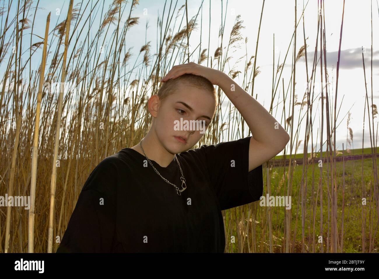 Young woman with very short hair in front of tall grass in nature, hand on the top of the head Stock Photo