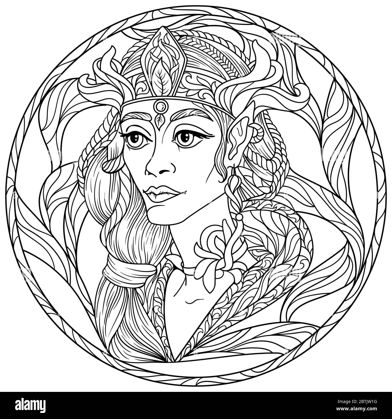 Zentangle fantasy coloring page for adults anti stress with beautiful girl elf  face with black and white background Stock Photo