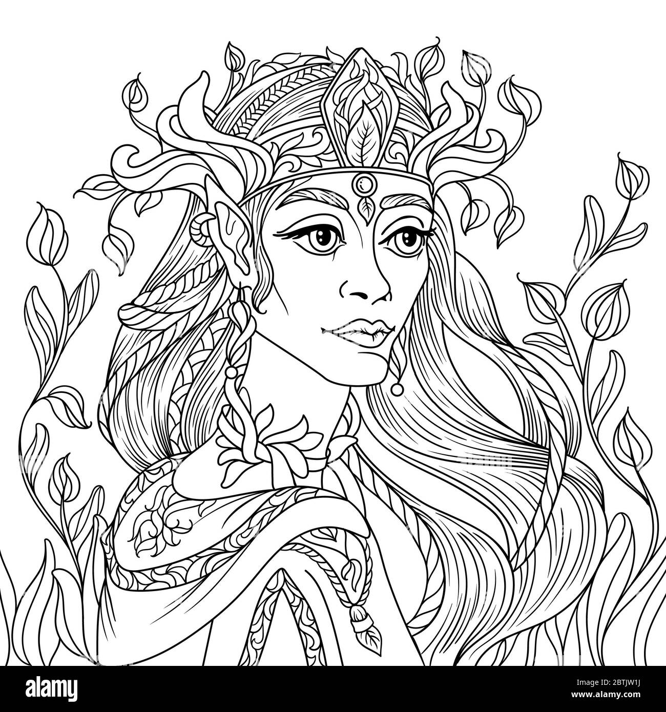 Zentangle fantasy coloring page for adults anti stress with beautiful girl elf  face with black and white background Stock Photo