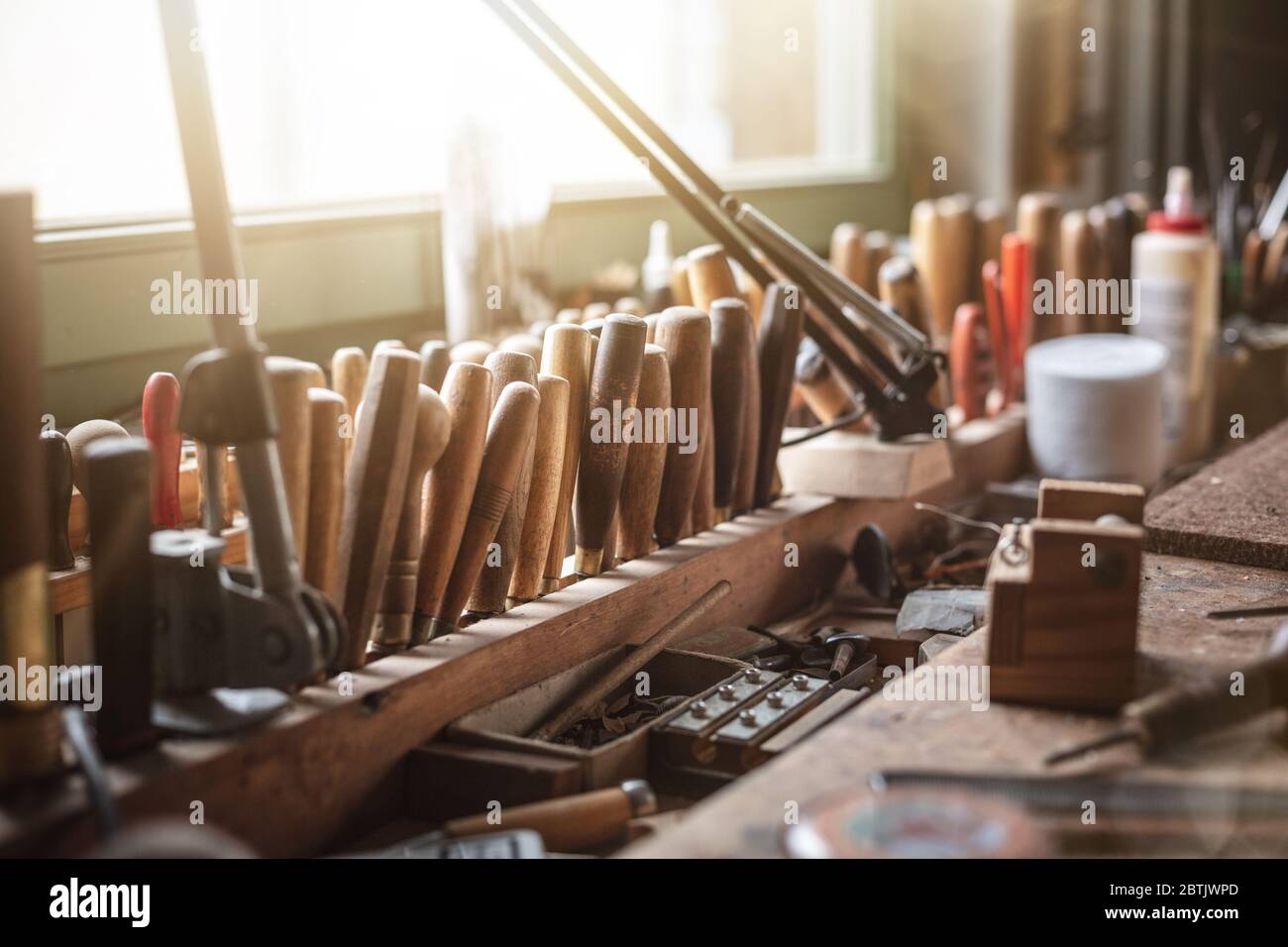 Rustic joinery workbench with many tools Stock Photo
