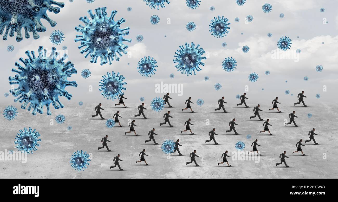 Business people or businesspeople running from the virus as coronavirus or covid-19 with businessmen and businesswomen escaping from disease. Stock Photo