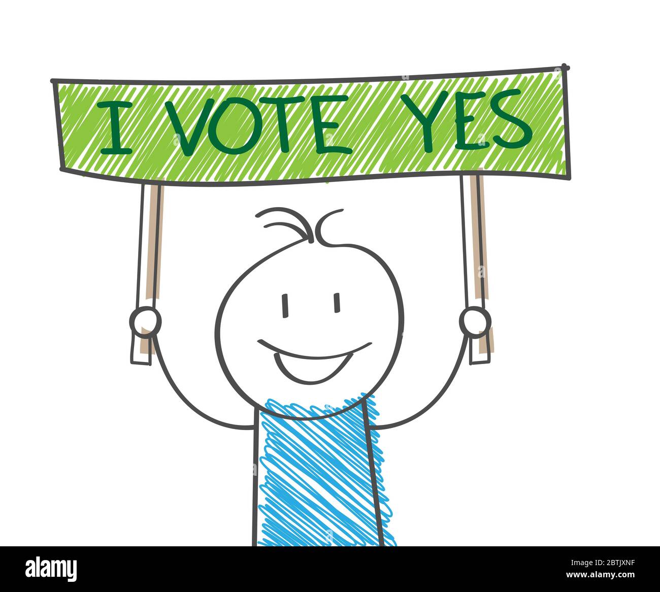 cartoon man holds a sign that reads I VOTE YES. Flat Doodle style for